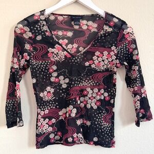 The Limited 90s Y2K Mesh Top Women Small Black Floral V-Neck 3/4 Sleeve Sheer